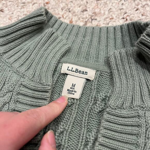 LL Bean Cable Knit Collared Sweater Sz M Green Fisherman Cotton Preppy - Picture 3 of 6